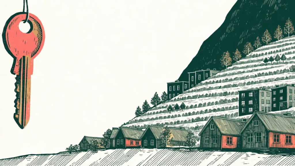 Illustrasjon: trehus og leilighetsblokker i en åsside, med en husnøkkel