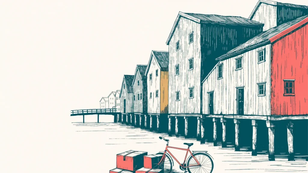 Illustrasjon: flytteesker og sykkel foran gamle bryggehus ved elva