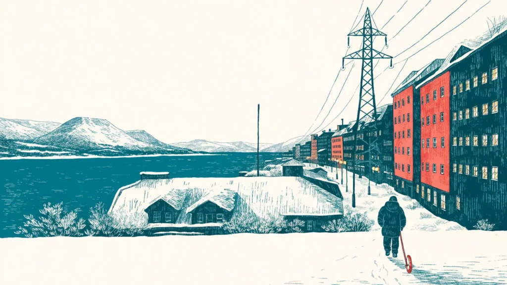 Illustrasjon: lav vintersol over fjorden, gatelys og sparkstøtting i snøen