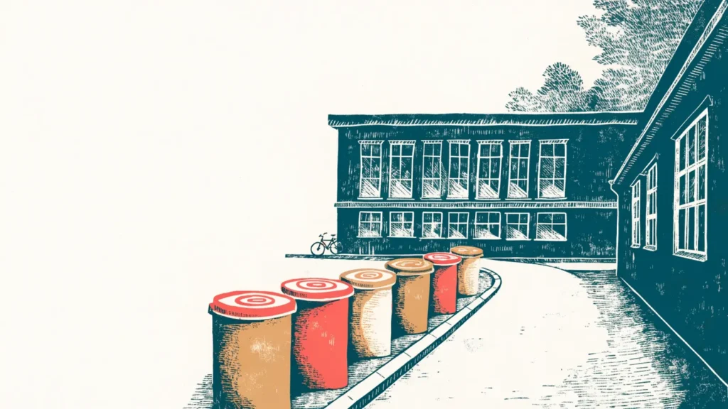 Illustrasjon: skole, bibliotek og avfallsdunker i rekke