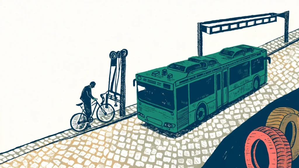 Illustrasjon: grønn bybuss, sykkelheis i bratt gate og bomstasjon